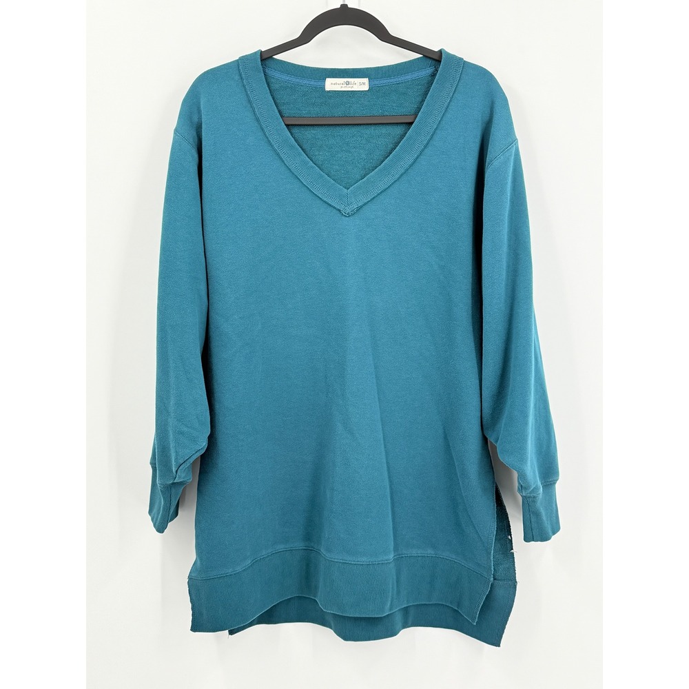 Natural Life Oversized Sweatshirt Womens sz S/M V-Neck Side Slit Tunic teal boho